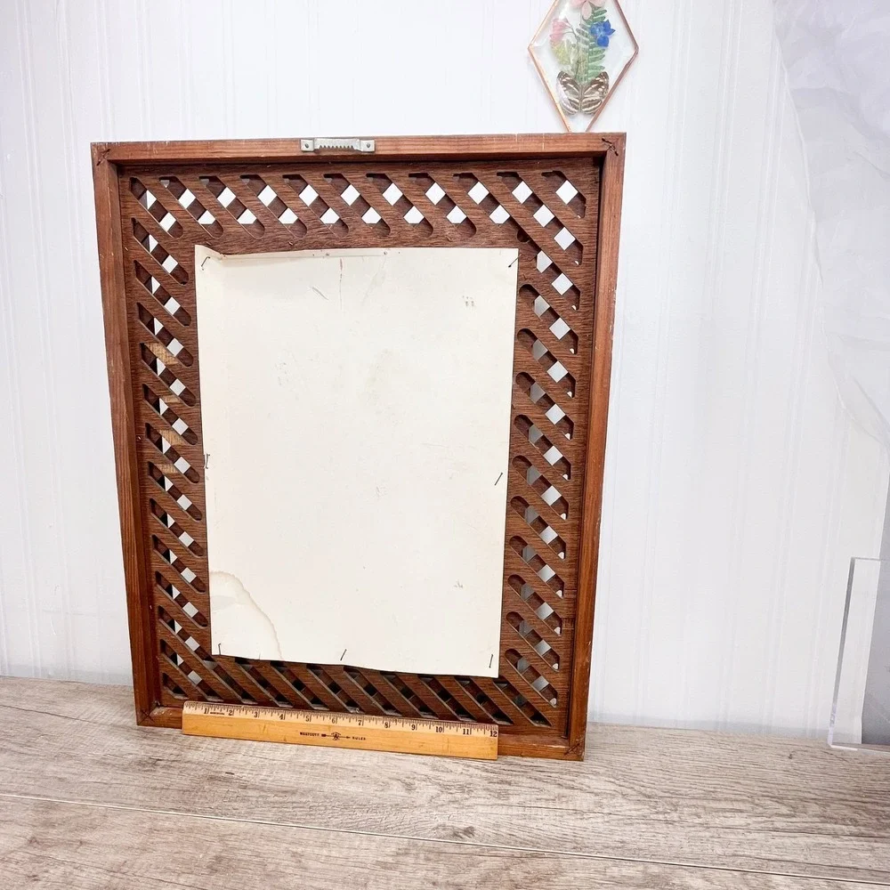 Vintage Wood Lattice Picture Frame Floral Print 21x17 Flower Bouquet Art Double
